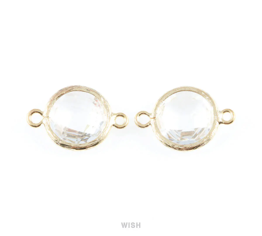 Clear faceted Glass Connector in Gold, Framed Round Glass Bead / GCLG-014-P