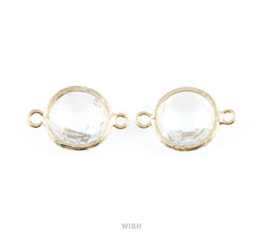 Clear faceted Glass Connector in Gold, Framed Round Glass Bead / GCLG-014-P