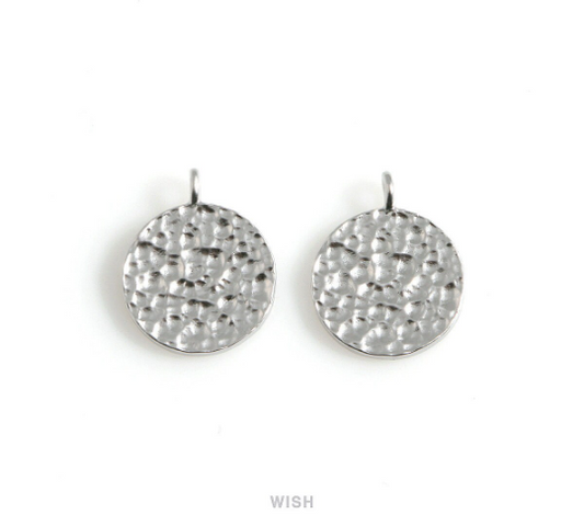 Hammered Disc Pendants in Matte Rhodium, Hammered Coin Charm / MMRH-500-P