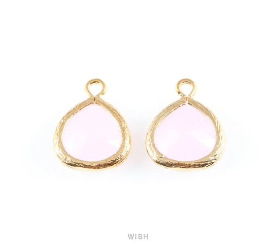 Rose Quartz Faceted Glass Charm in Gold, Framed Glass Gem / GRQG-003-P (Small)
