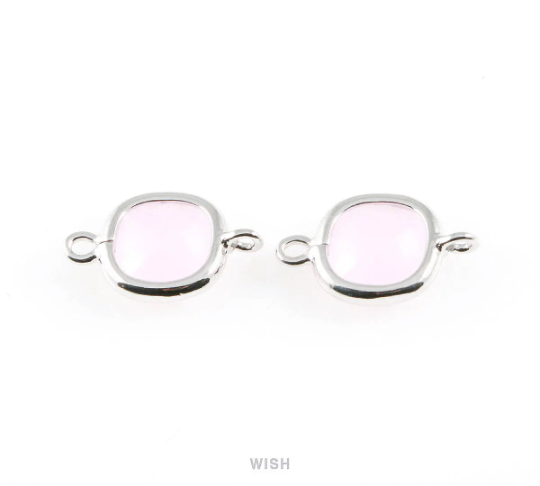 Rose Quartz Faceted Glass Connector in Rhodium, Square Framed Connector / GRQRH-041-P
