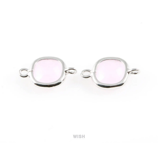 Rose Quartz Faceted Glass Connector in Rhodium, Square Framed Connector / GRQRH-041-P