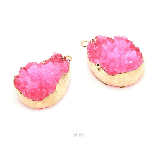 Fuchsia Druzy Drop Charm in Gold, Pink Druzy Drop Pendant /SFSG-111-P