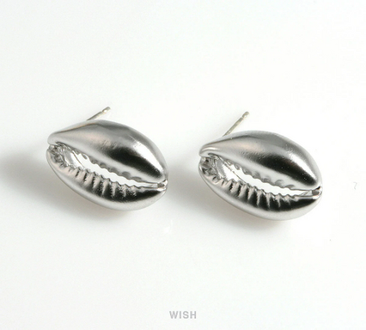 Cowry Seashell Stud Earrings in Matte Rhodium, Cowry Shell Earrings / MMRH-591-E