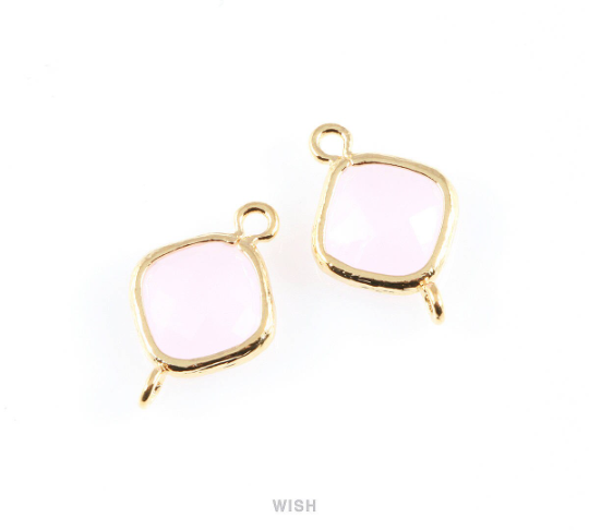 Rose Quartz Rhombus Glass Connector in Gold, Framed Rhombus Connector / GRQG-021-P