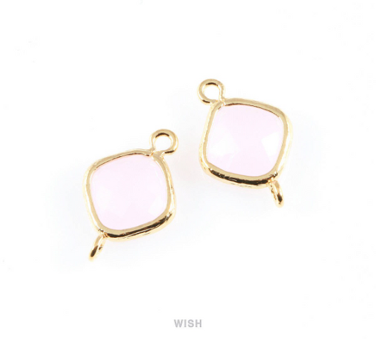 Rose Quartz Rhombus Glass Connector in Gold, Framed Rhombus Connector / GRQG-021-P