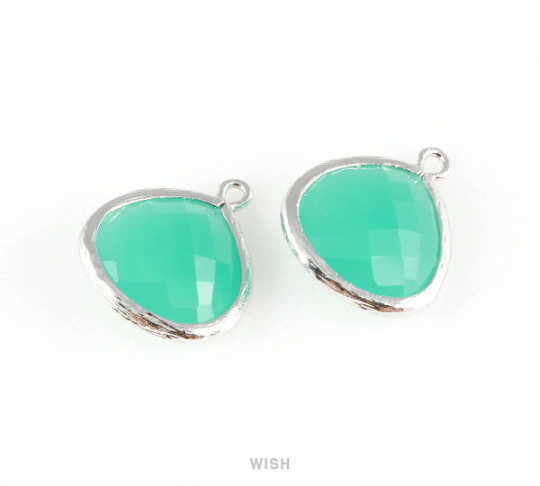 Mint Faceted Glass Charm in Rhodium, Framed Drop Glass Bead / GMTRH-001-P (Large)