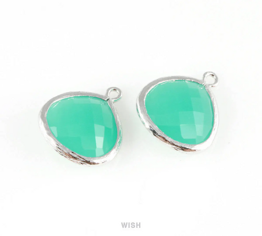Mint Faceted Glass Charm in Rhodium, Framed Drop Glass Bead / GMTRH-001-P (Large)