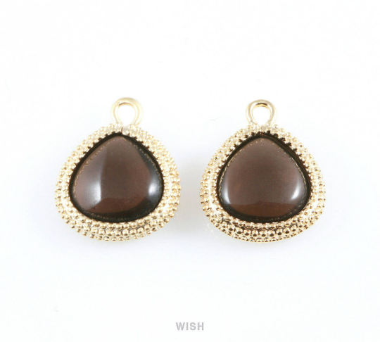 Smoky Quartz Triangle Synthetic Stone Charms in Matte Gold, Framed Triangle Gems / SSQMG-026-P