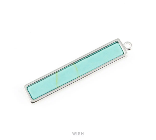 Turquoise Bar Stone Charm in Rhodium, Gemstone Framed Pendant / STQRH-062-P