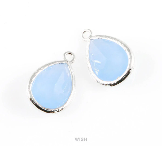 Ice Blue Teardrop Glass Charm in Rhodium, Framed Drop Glass Gem / GIBRH-005-P
