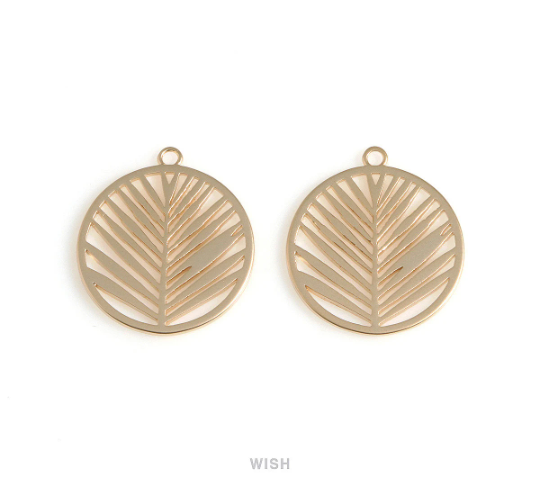 Palm Tree Leaf in Disc in Matte Rhodium, Palm Tree Leaf in Coin Charm / MMRH-647-P