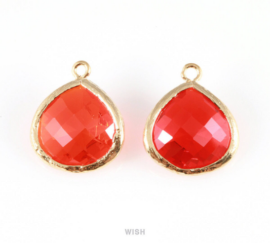 Fire Opal Faceted Glass Charm in Gold, Framed Drop Glass Bead / GFOG-001-P