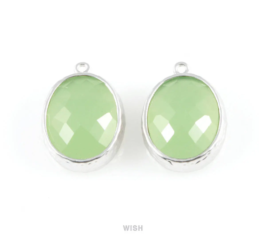 Light Mint Faceted Glass Charms in Matte Rhodium, Framed Oval Pendant / GLMMRH-009-P