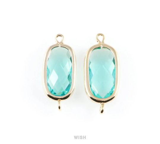 Aquamarine Oval Glass Connector in Gold, Framed Oval Connector / GAQG-035-C