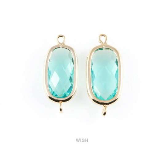 Aquamarine Oval Glass Connector in Gold, Framed Oval Connector / GAQG-035-C