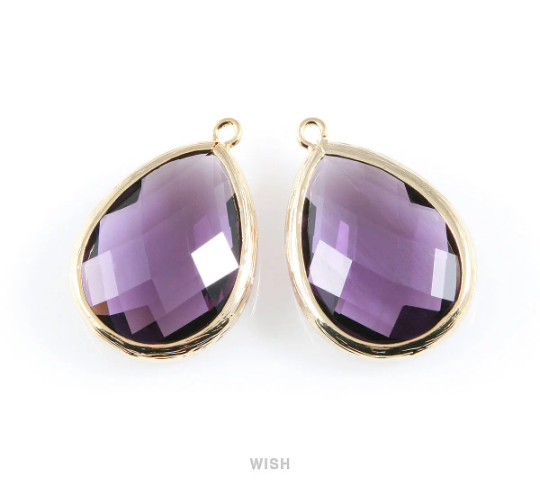 Amethyst Teardrop Glass Charm in Gold, Framed Drop Glass Gem / GTZG-044-P