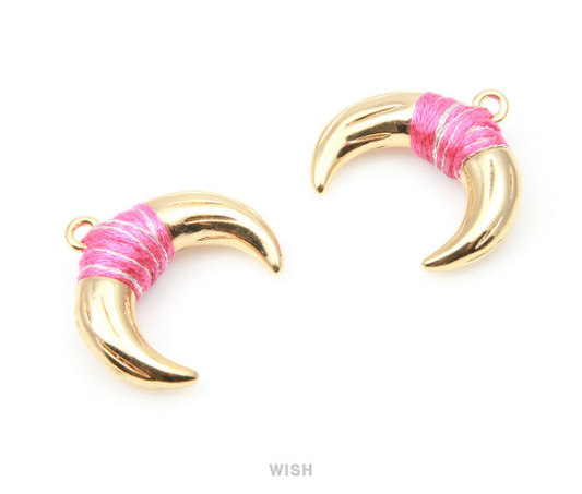 Metal Horn Pendant in Gold with Pink Strap, 16k Gold Bull's Horn Charm / MPKG-004-P (Large)