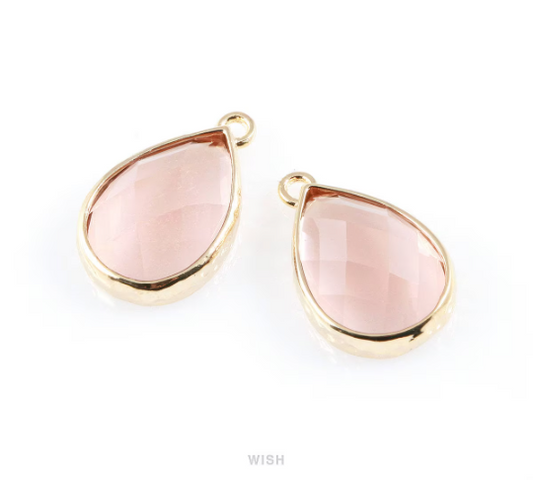 Peach Teardrop Glass Charm in Gold, Framed Drop Glass Gem / GPCG-037-P