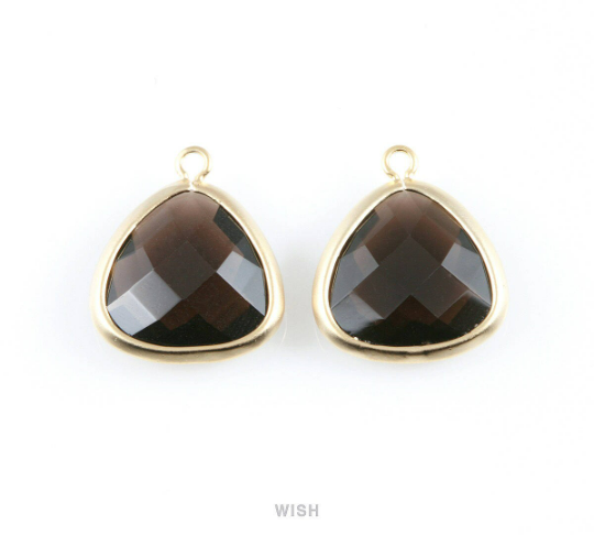 Smoky Quartz Faceted Stone Charms in Matte Gold, Framed Triangle Pendants /SSQMG-029-C