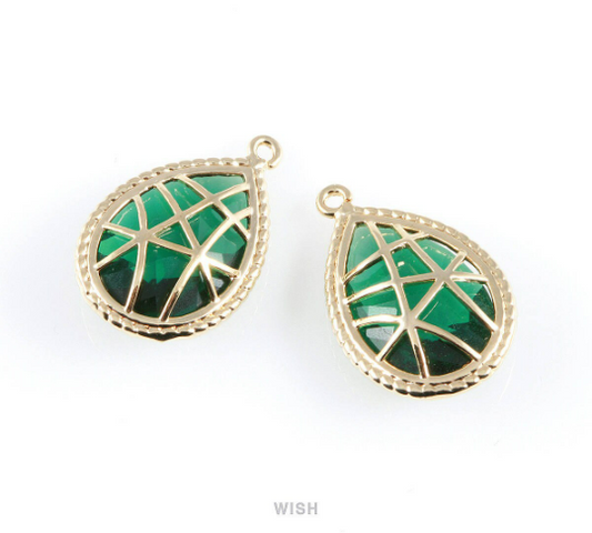 Emerald Teardrop Glass Charms in Gold, Framed Drop Pendant /GEMG-022-P