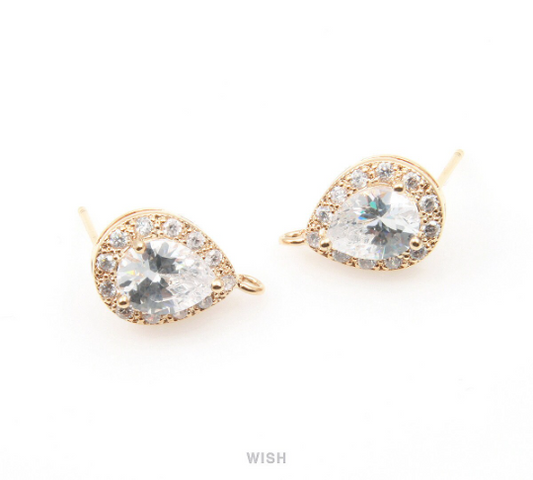 Teardrop Cubic Ear Post in Gold, 12 Sub Cubic Zirconia / CG-003-E