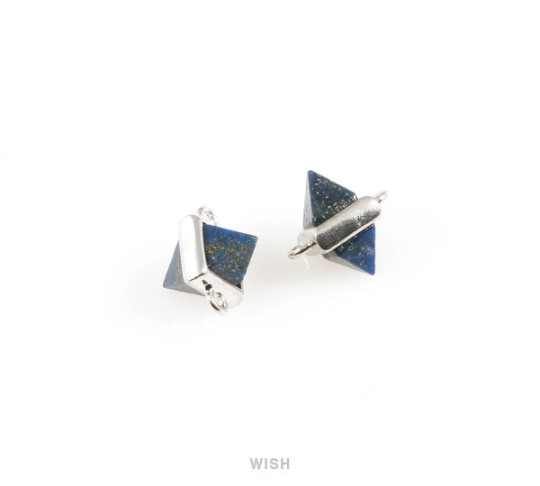 Lapis Lazuli Pyramid Stone Charm in Rhodium, Gemstone Framed Pendant / SLLRH-050-P