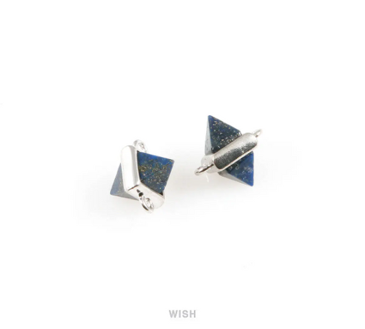 Lapis Lazuli Pyramid Stone Charm in Rhodium, Gemstone Framed Pendant / SLLRH-050-P