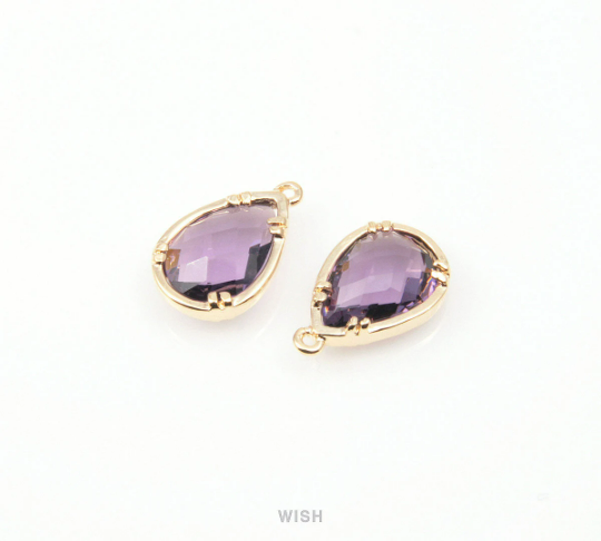 Amethyst Teardrop Glass Charm in Gold, Framed Drop Glass Gem /GTZG-092-P2 (Small)