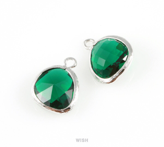 Emerald Faceted Glass Charm in Rhodium, Framed Drop Glass Gem / GEMRH-004-P (Medium)