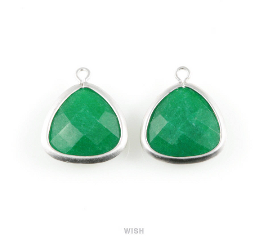 Palace Green Faceted Stone Charms in Matte Rhodium, Framed Triangle Pendants / SPGMRH-029-C