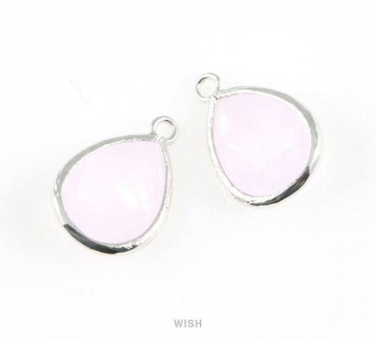 Violet Opal Teardrop Glass Charm in Rhodium, Framed Drop Glass Gem / GVORH-005-P