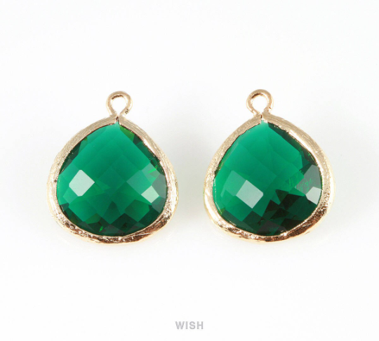 Emerald Faceted Glass Charm in Gold, Framed Drop Glass Bead / GEMG-001-P (Large)