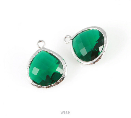 Emerald Faceted Glass Charm in Rhodium, Framed Drop Glass Bead /GEMRH-001-P (Large)