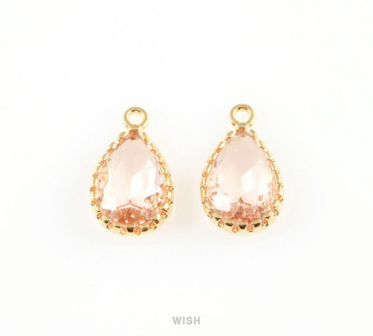 Peach Teardrop Glass Charm in Gold, Framed Drop Glass Gem / GPCG-017-P