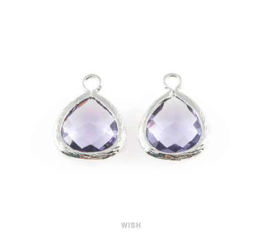 Amethyst Faceted Glass Charm in Rhodium, Framed Drop Glass Bead / GTZRH-003-P (Small)