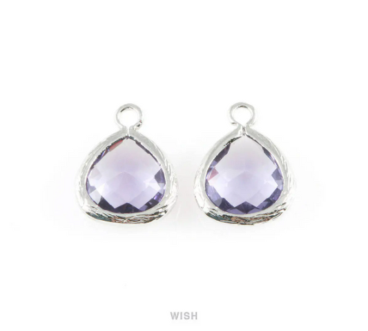 Amethyst Faceted Glass Charm in Rhodium, Framed Drop Glass Bead / GTZRH-003-P (Small)