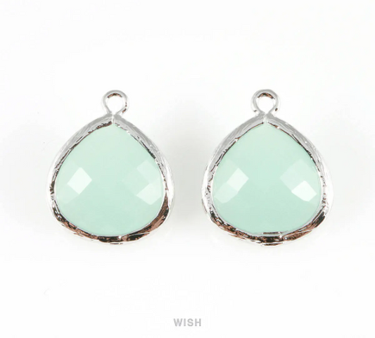 Alice Blue Faceted Glass Charm in Rhodium, Framed Drop Glass Bead / GABRH-001-P (Large)