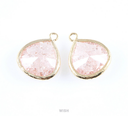 Peach Sparkle Glass Charm in Gold, Framed Drop Glass Bead / GPCG-012-P