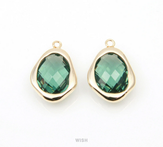 Green Tourmaline Faceted Glass Charms in Gold, Framed Teardrop Pendant / GGTG-085-P