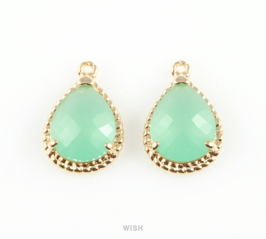 Mint Teardrop Glass Charm in Gold, Framed Drop Glass Gem / GMTG-006-P