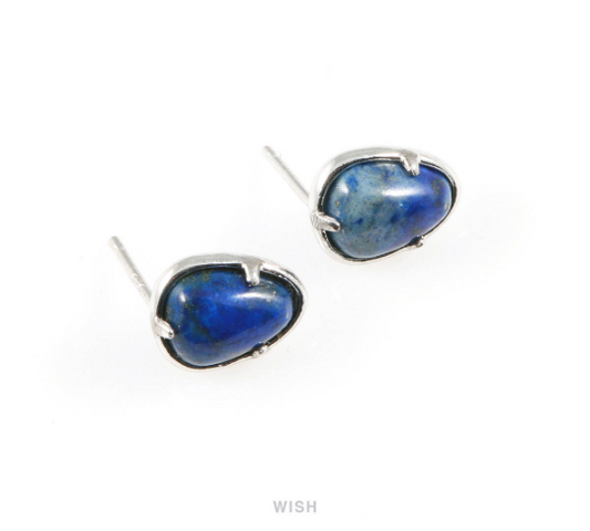 Lapis Lazuli Teardrop Stone Stud Earrings in Rhodium, Gemstone Stud Earrings / SLLRH-068-E