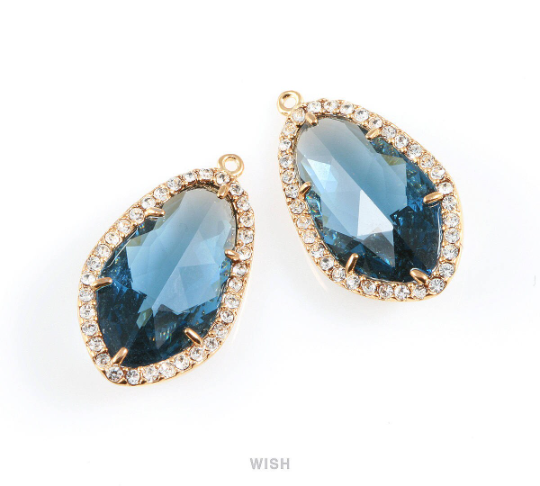 Briolette Montana Blue Glass with Rheinstone in Gold, Framed Gems / GMBG-043-P