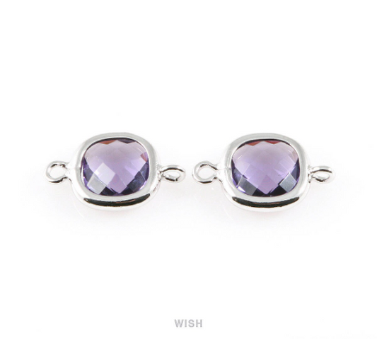 Amethyst Faceted Glass Connector in Rhodium, Square Framed Connector / GTZRH-041-P