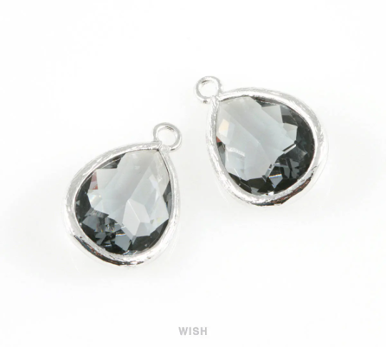 Charcoal Teardrop Glass Charm in Rhodium, Framed Drop Glass Gem / GCCRH-005-P