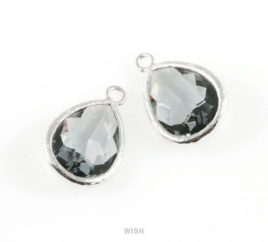 Charcoal Teardrop Glass Charm in Rhodium, Framed Drop Glass Gem / GCCRH-005-P