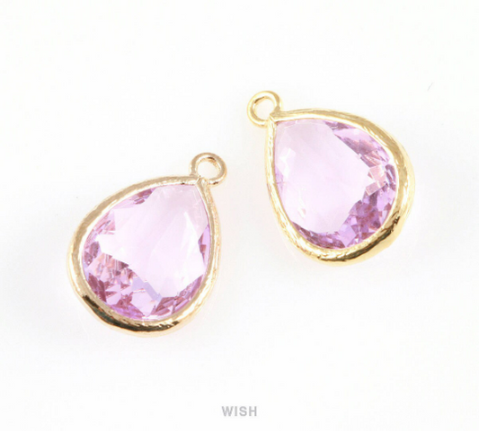 Light Amethyst Teardrop Glass Charm in Gold, Framed Drop Glass Gem /  GLDG-005-P