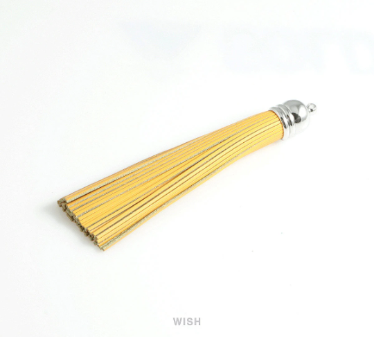 Yellow Leather Tassel with Bell Cap in Rhodium, Yellow Cowhide Tassel / LYWRH-006-T (1 piece)