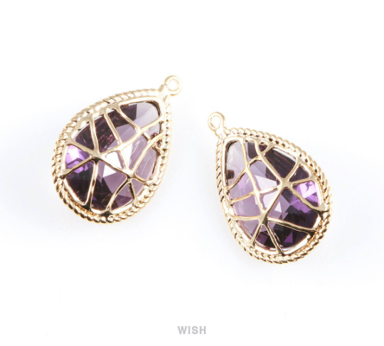 Amethyst Teardrop Glass Charms in Gold, Framed Drop Pendant / GTZG-022-P