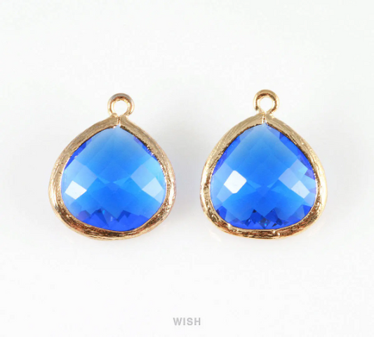 Cobalt Blue Faceted Glass Charm in Gold, Framed Drop Glass Bead / GCTG-001-P (Large)